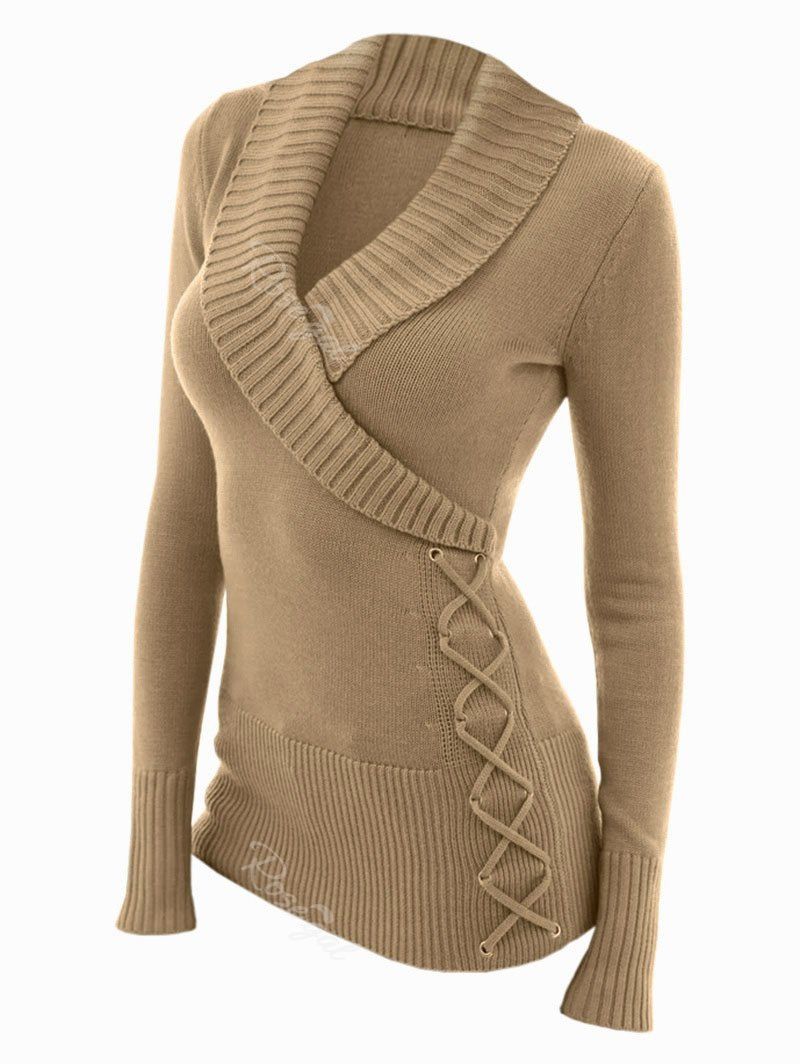 

Plus Size Criss Cross Shawl Collar Knitwear, Light khaki