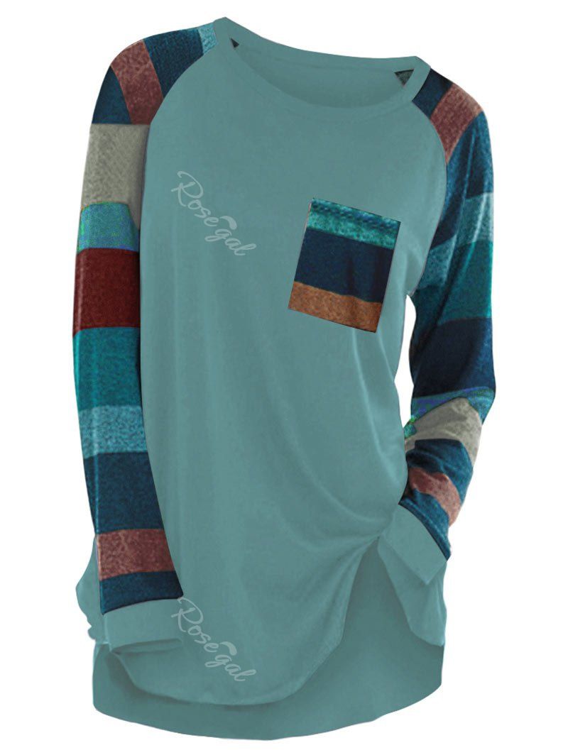 

Plus Size Contrast Color Stripe Pocket T Shirt, Blue hosta