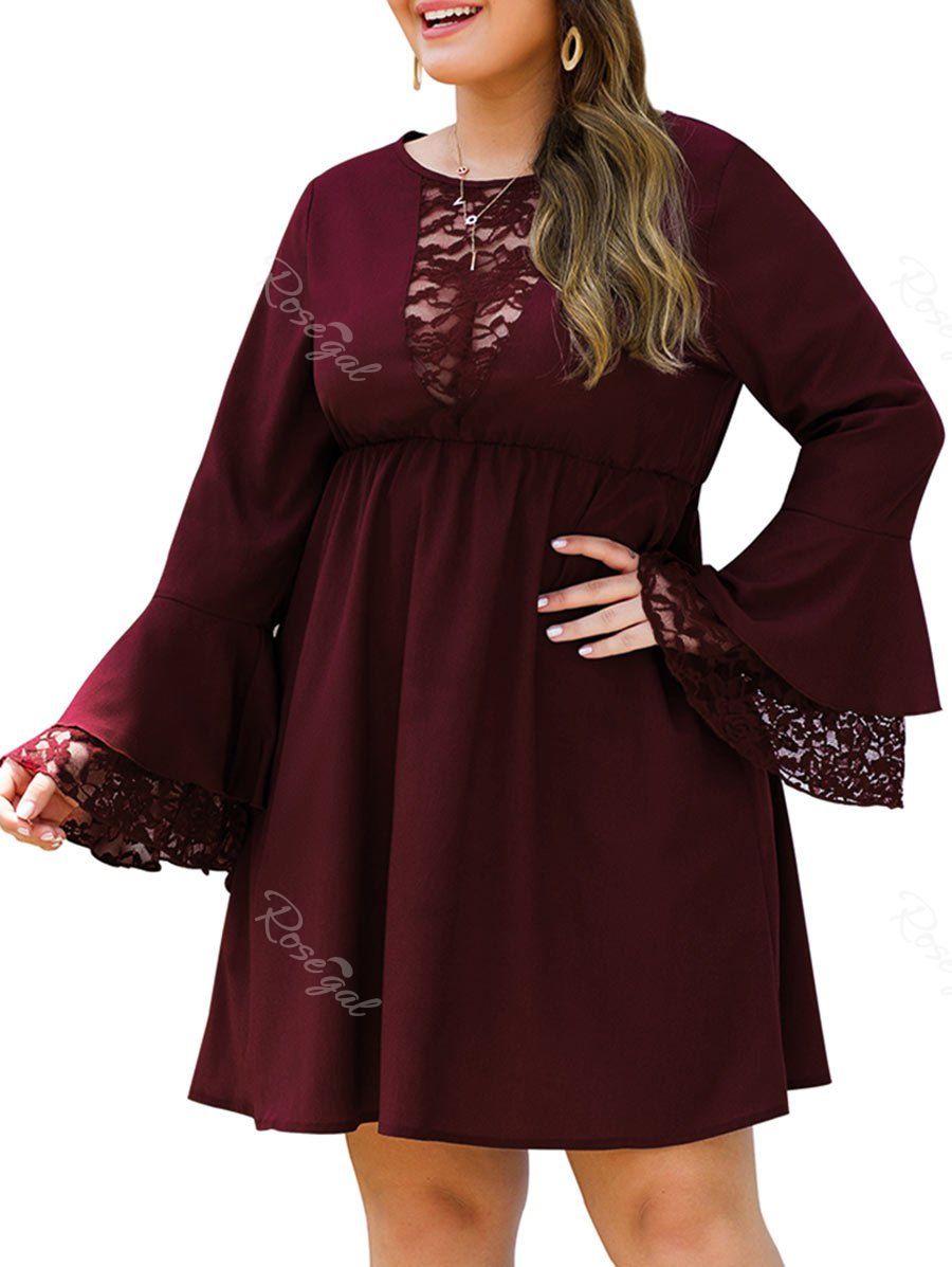 

Plus Size Trumpet Sleeve Empire Waist Mini Dress, Red wine
