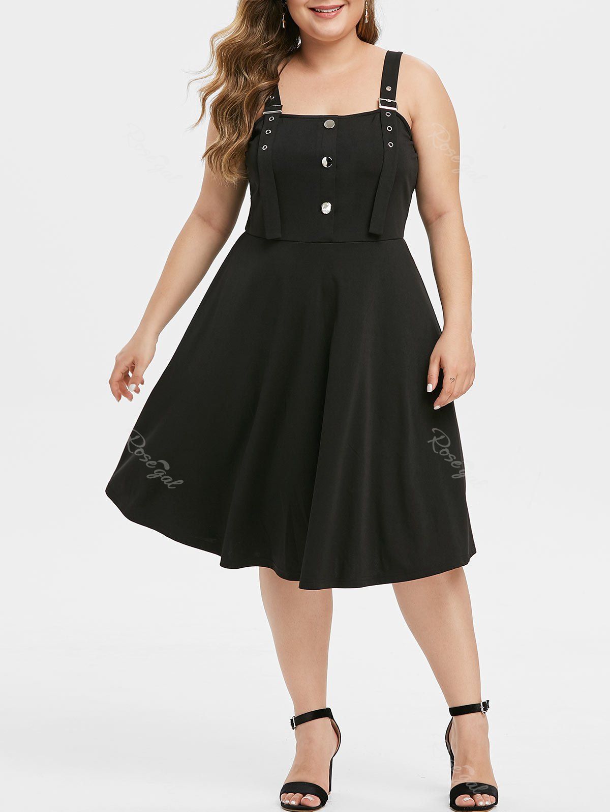 

Plus Size Buckle Grommet Midi Flare Dress, Black