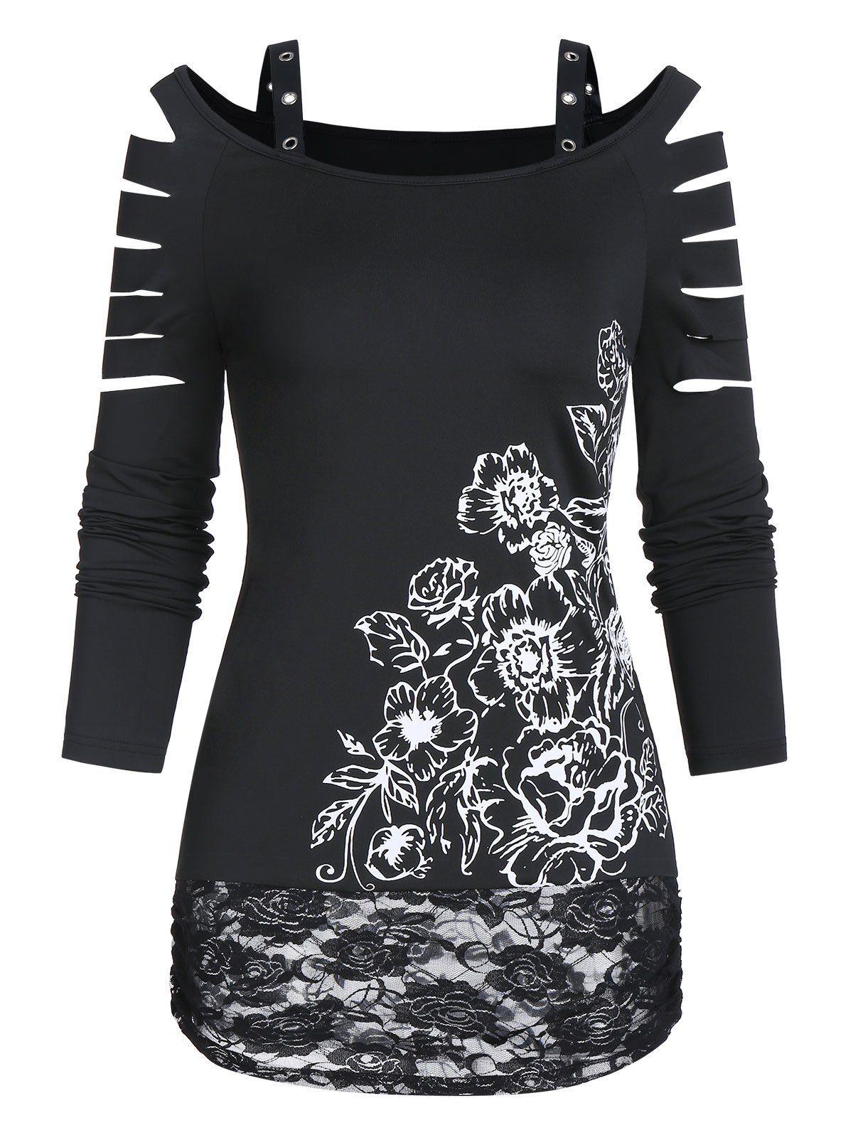 

Cold Shoulder Ripped Floral Print Blouson T Shirt, Black
