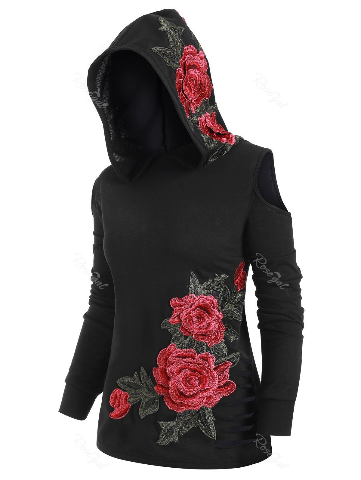 

Plus Size Open Shoulder Embroidery Ripped Hoodie, Black
