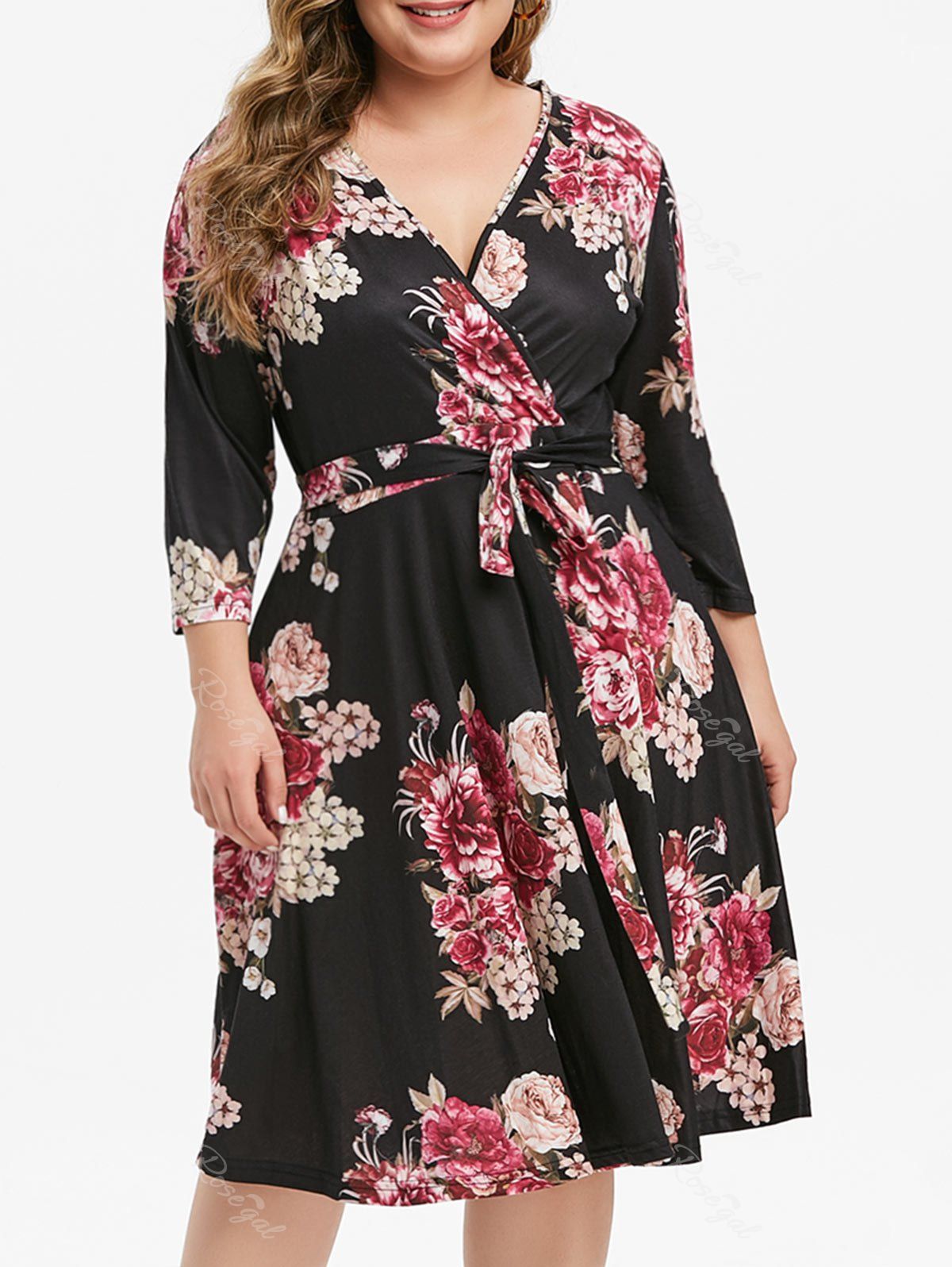 

Tie Waist Floral Plus Size Surplice Dress, Black