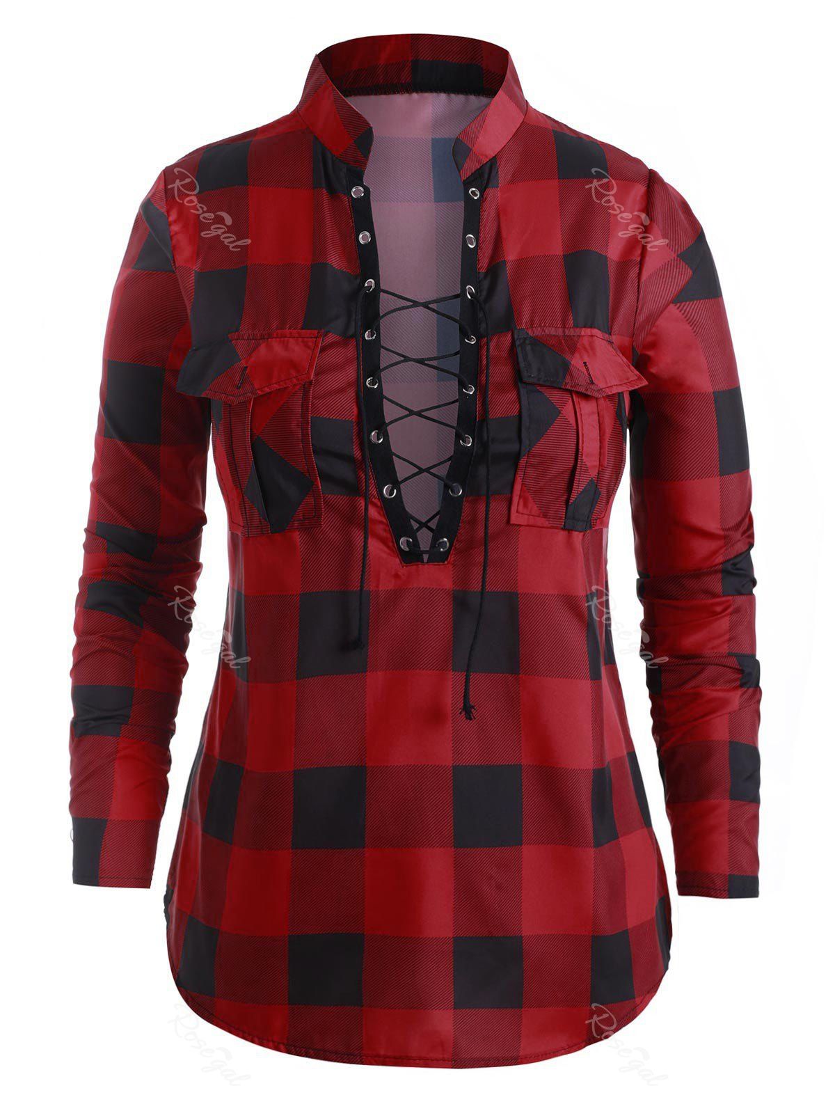 

Plus Size Pockets Plaid Lace Up Blouse, Red