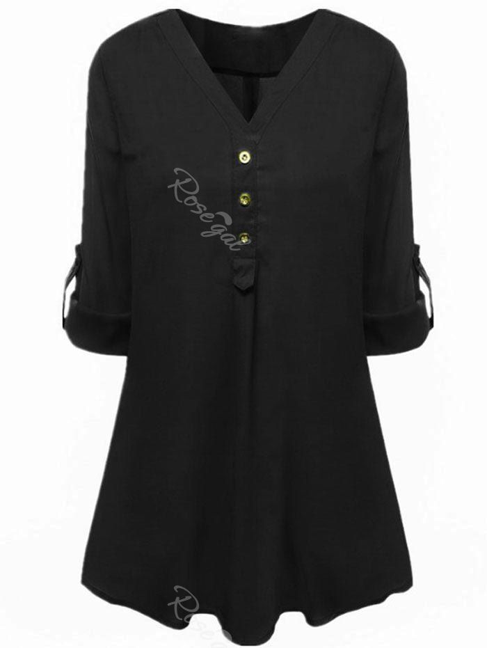 

Plus Size Tab Sleeves V Neck Longline Blouse, Black