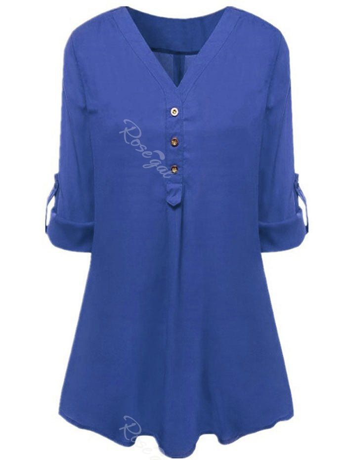 

Plus Size Tab Sleeves V Neck Longline Blouse, Blue