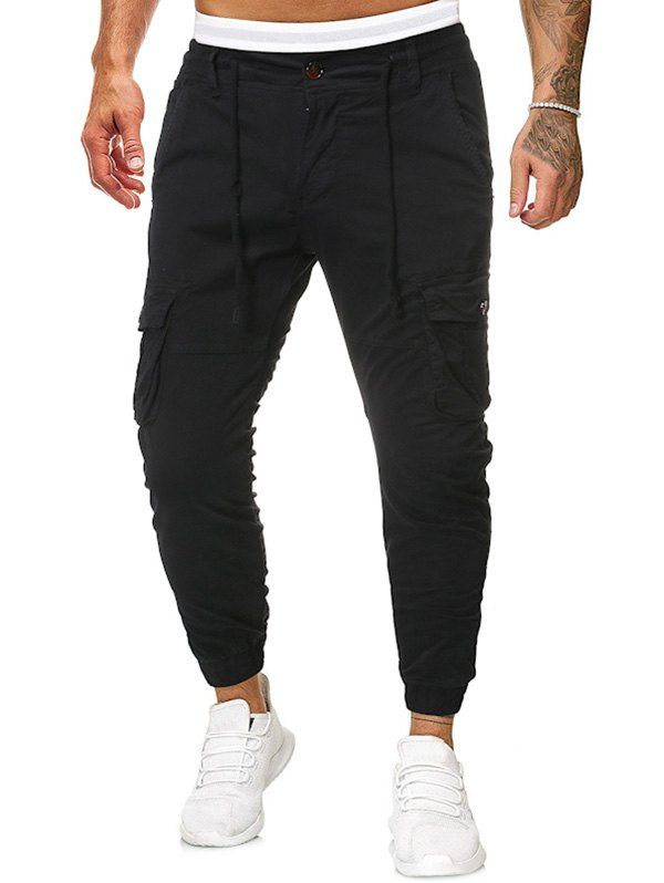 

Flap Pocket Solid Drawstring Cargo Jogger Pants, Black