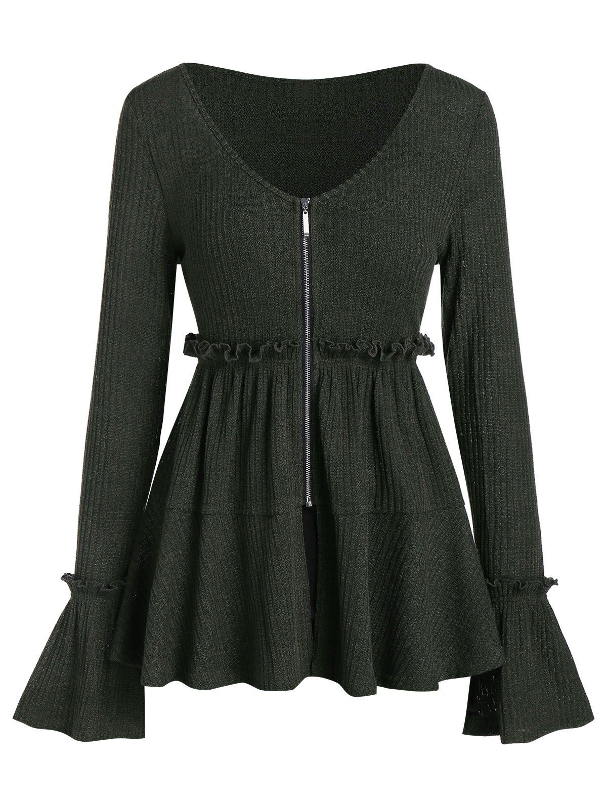 

Front Zip Bell Sleeve Ruffled Peplum Knitwear, Dark forest green