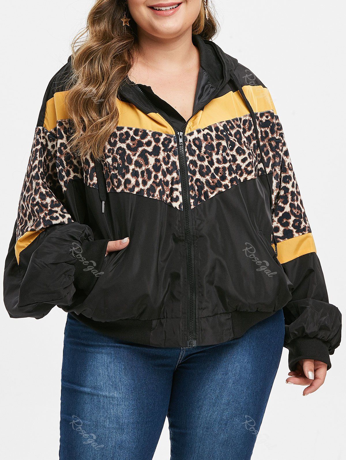 

Plus Size Hooded Leopard Print Jacket, Black