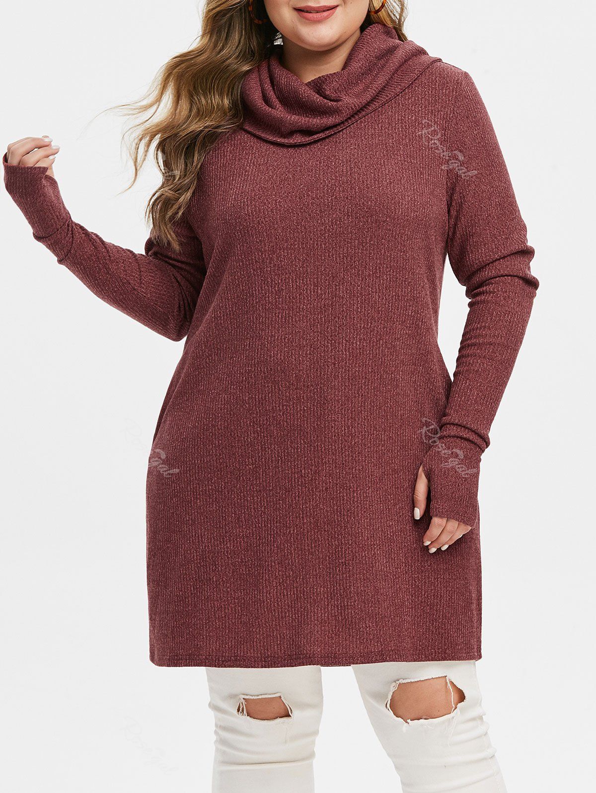 Online Plus Size Long Sleeve Tunic Turtleneck Sweater  