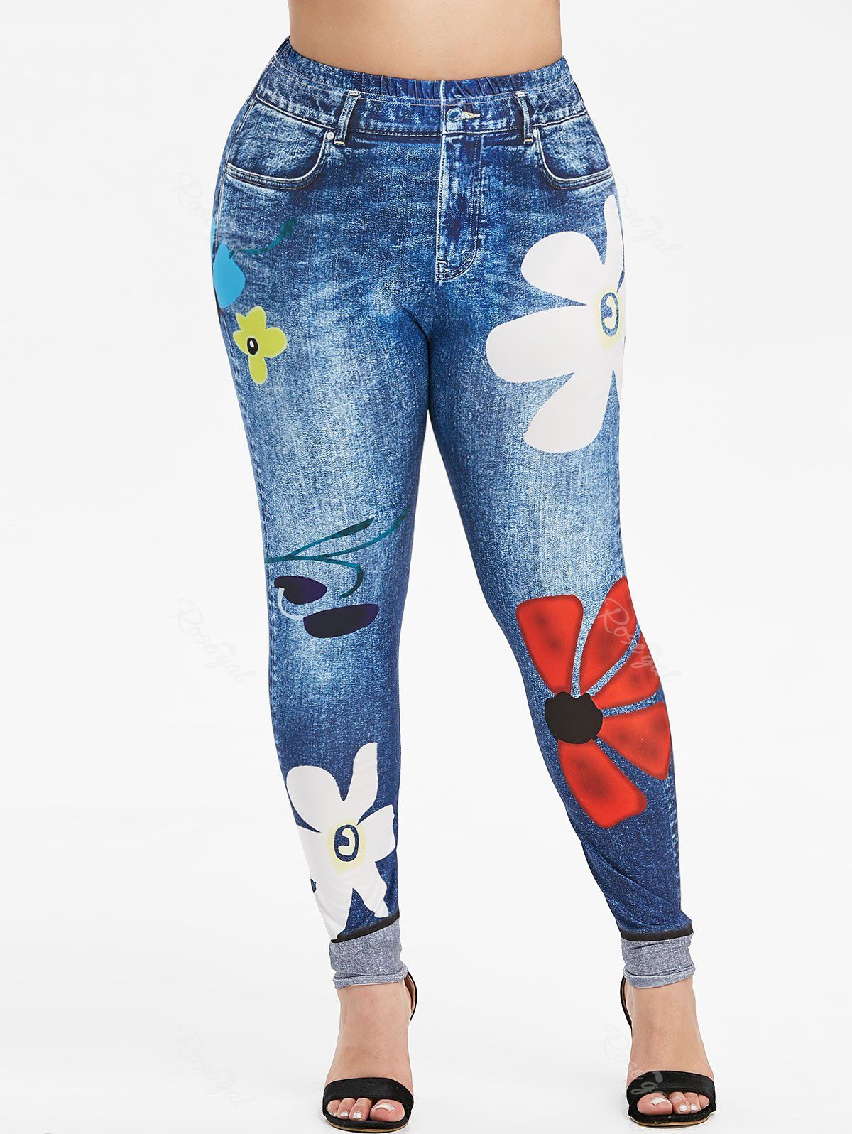 

Plus Size Skinny Floral 3D Jeggings, Denim dark blue