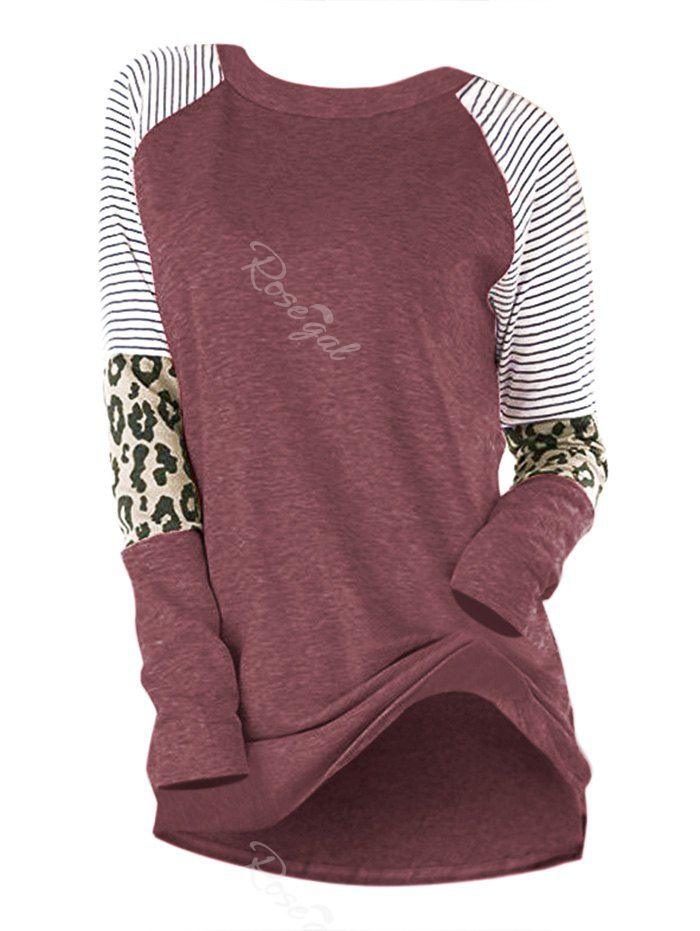 

Plus Size Striped Leopard Raglan Sleeve T-shirt, Pale violet red