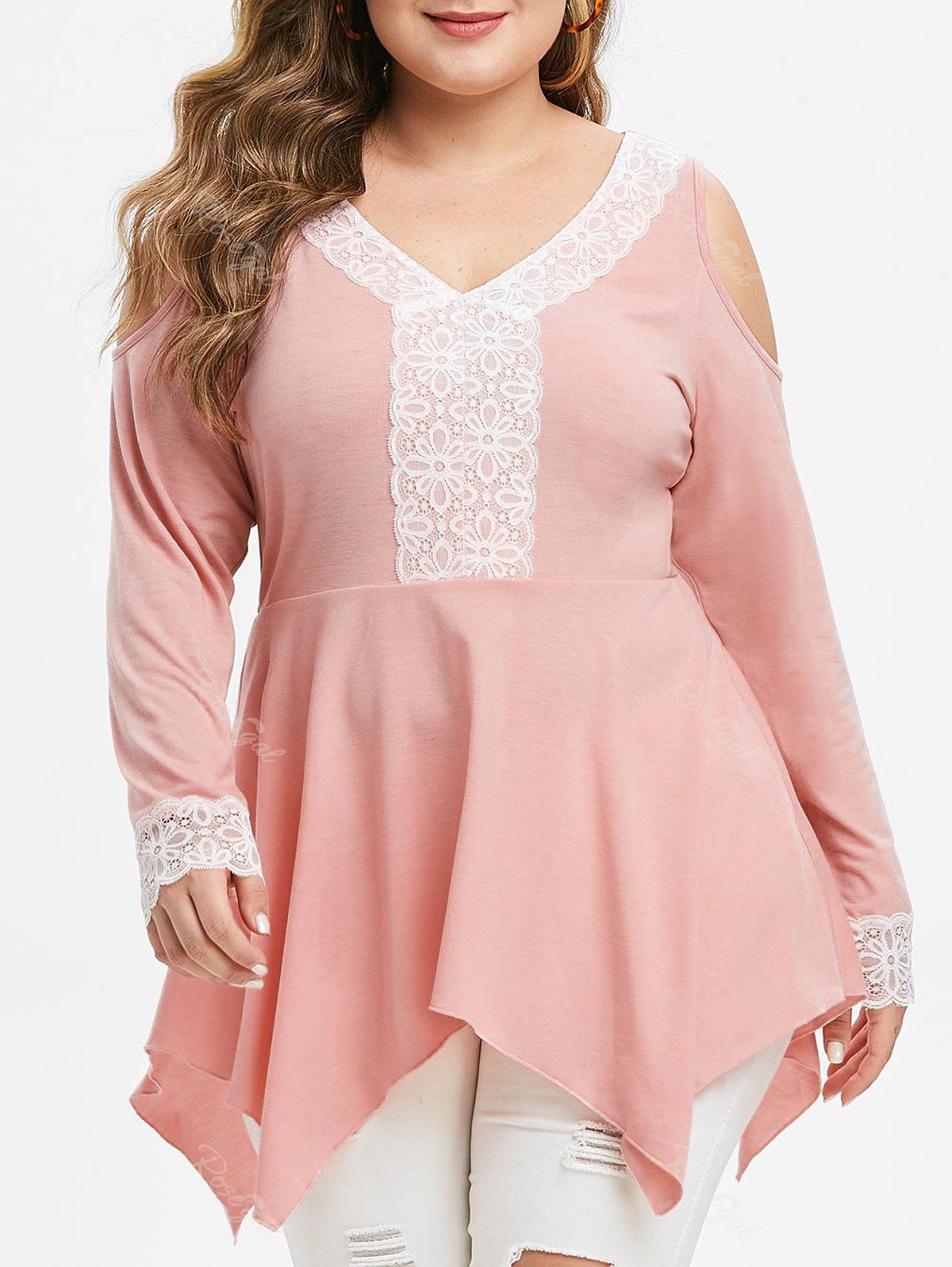 

Plus Size Lace Panel Handkerchief Cold Shoulder Tunic Top, Light pink