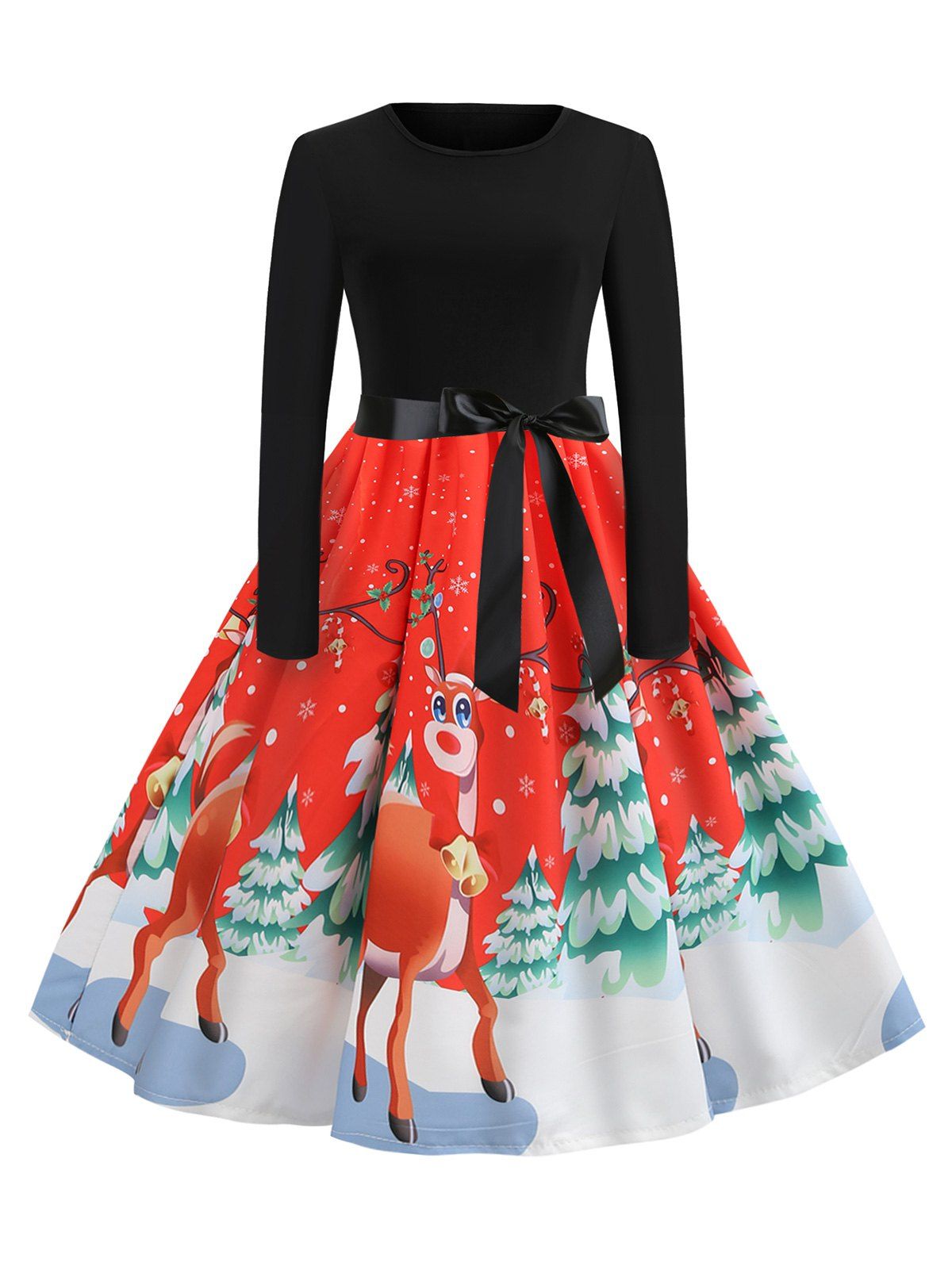 

Christmas Tree Elk Print Belted Long Sleeve Dress, Red