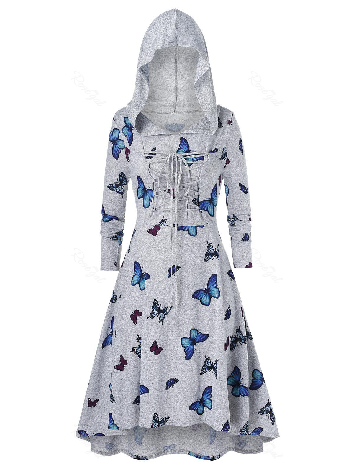 

Plus Size Lace Up Butterfly Print High Low Midi Dress, Gray cloud