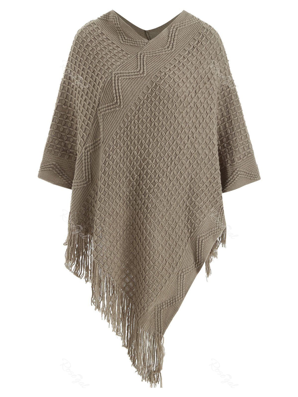 

Plus Size Asymmetric Fringe Cable Knit Cape Sweater, Camouflage green