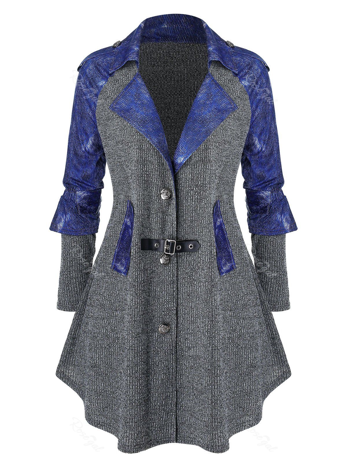 Store Plus Size Contrast Denim Raglan Sleeve Marled Knit Coat  