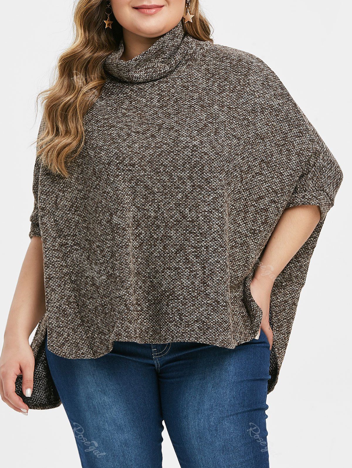 

Plus Size Batwing Sleeve Heathered Poncho Sweater, Coffee