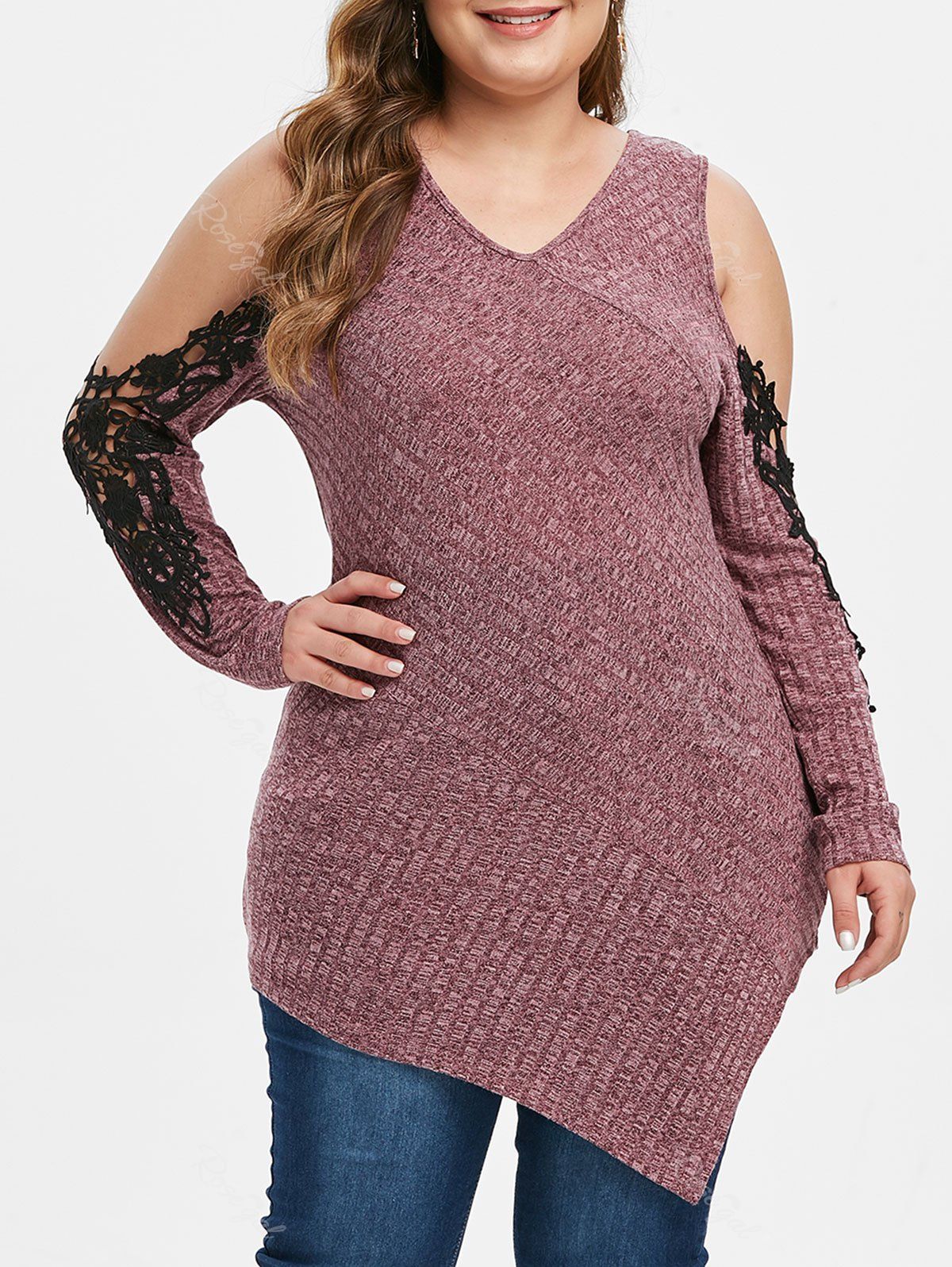 

Plus Size Open Shoulder Lace Applique Ribbed Asymmetric Knitwear, Red wine