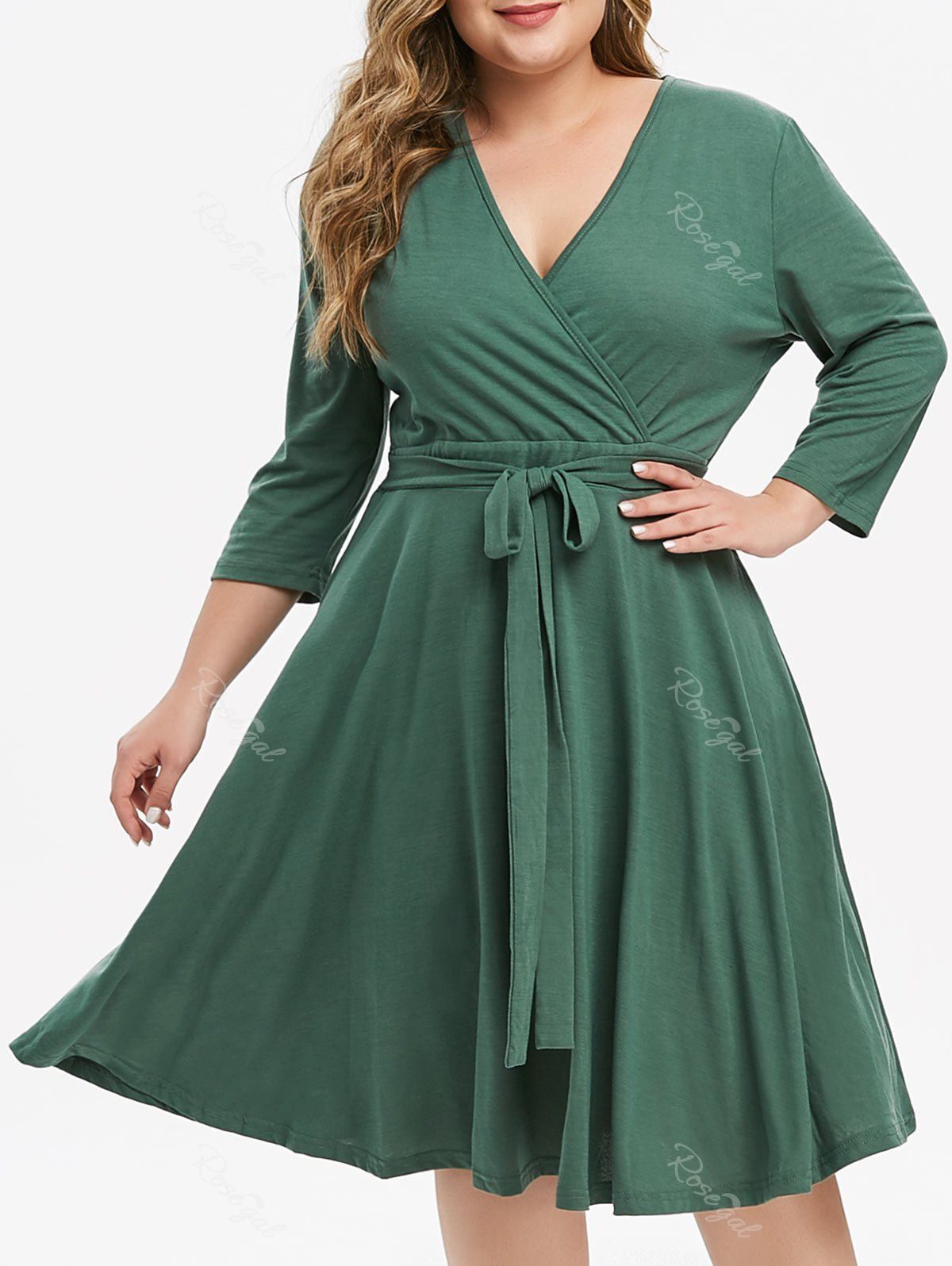 

Tie Waist Solid Plus Size Surplice Dress, Green