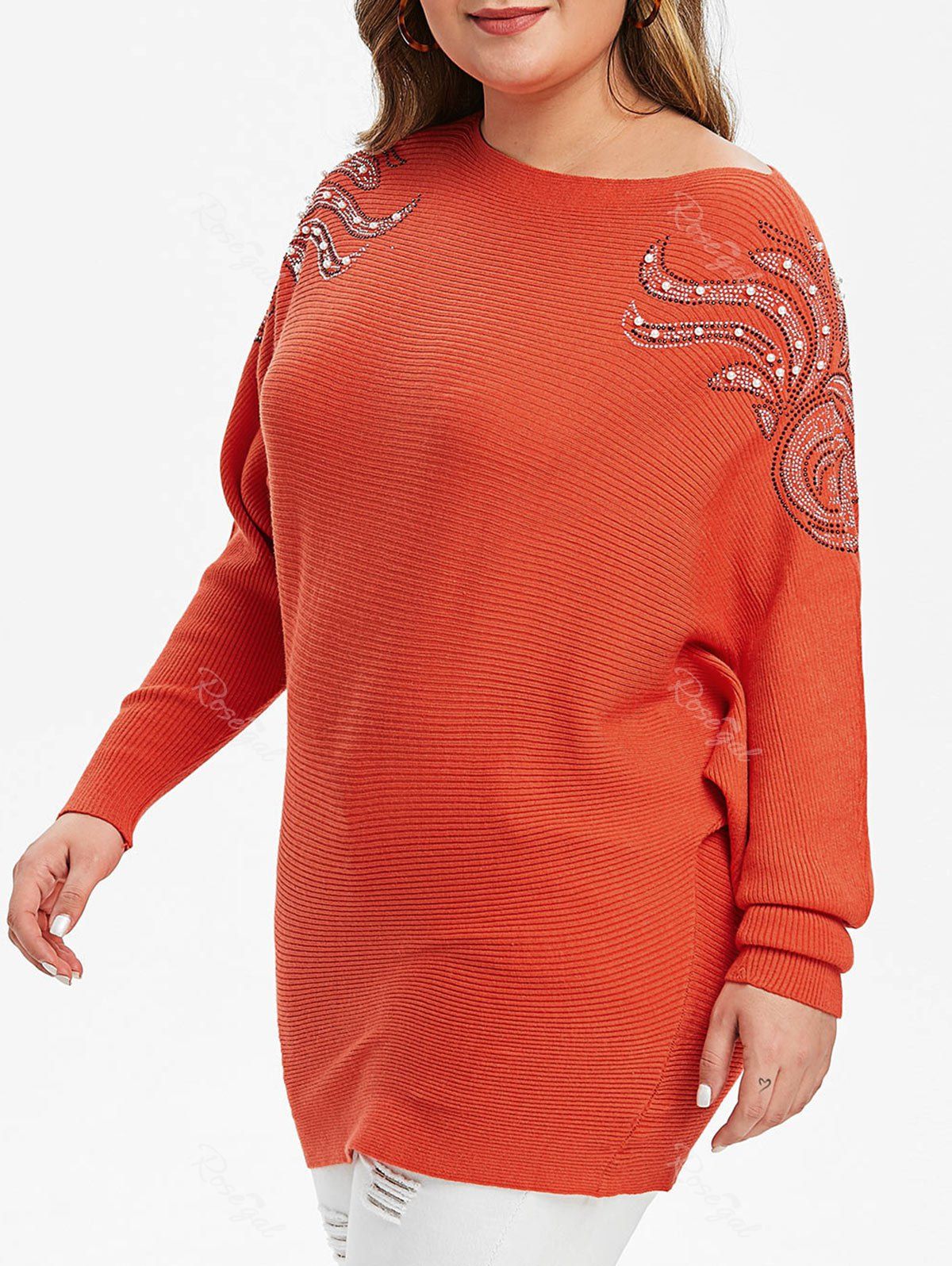 

Plus Size Batwing Sleeve Rhinestone Skew Neck Sweater, Orange