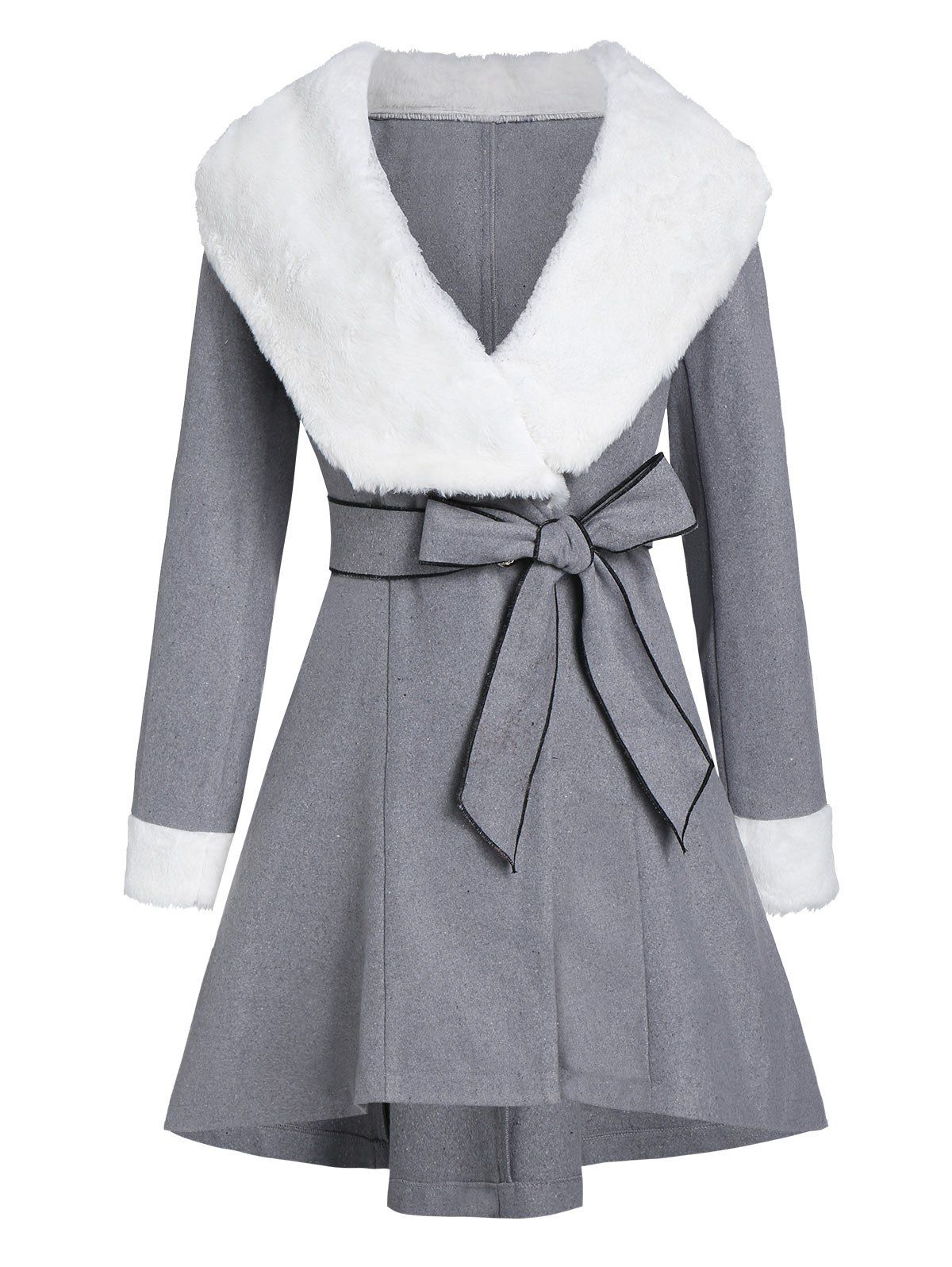 

Hooded Faux Fur Panel Contrast Coat with Belt, Dark gray
