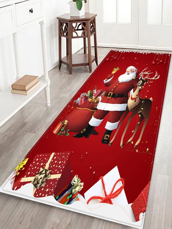 

Christmas Santa Claus Deer Pattern Print Flannel Floor Mat, Red