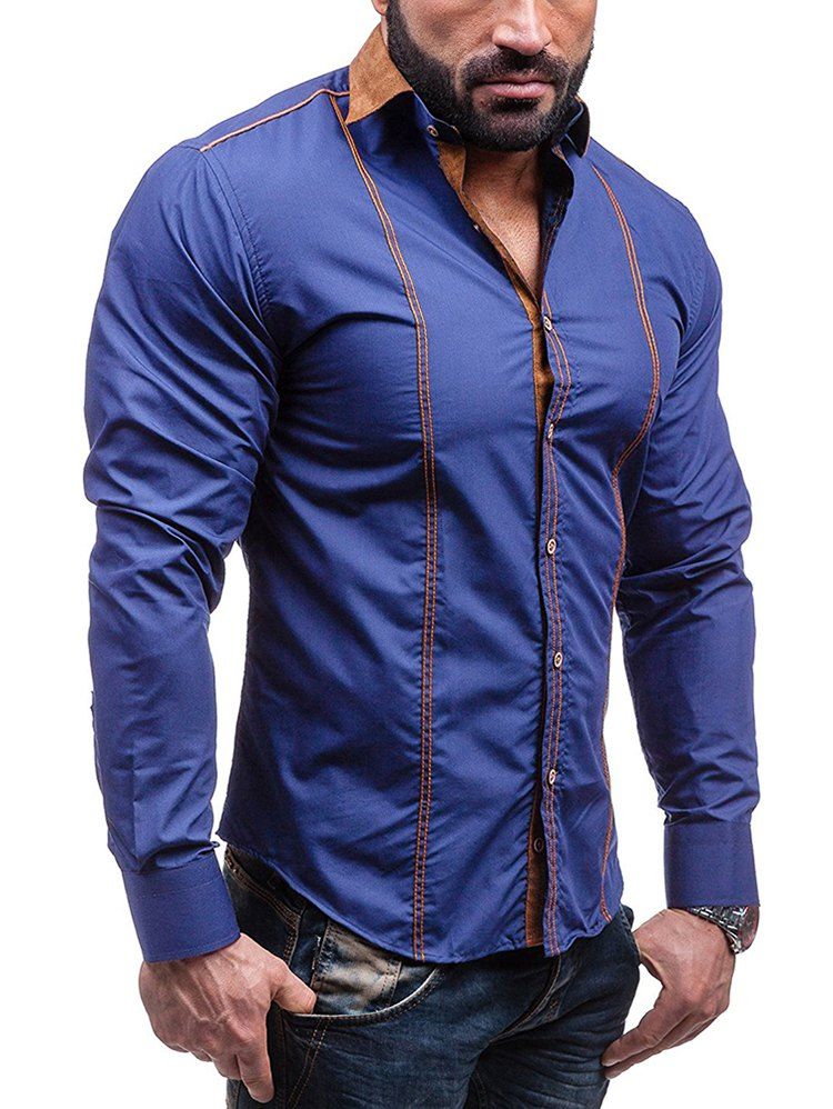 

Faux Suede Collar Button Up Long Sleeve Shirt, Blue