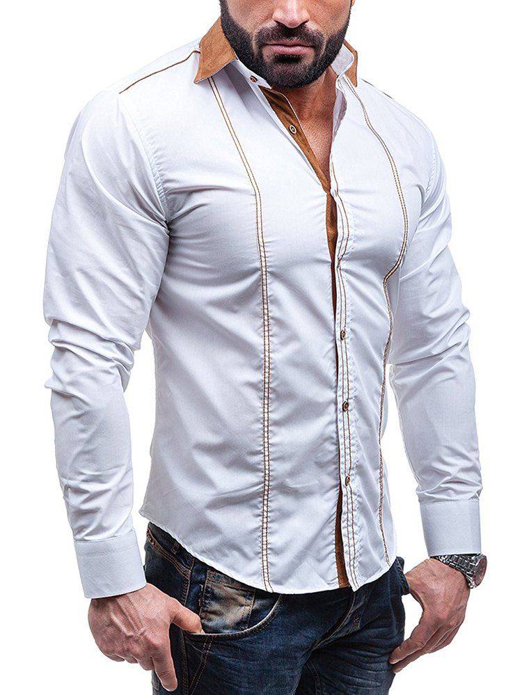 

Faux Suede Collar Button Up Long Sleeve Shirt, White