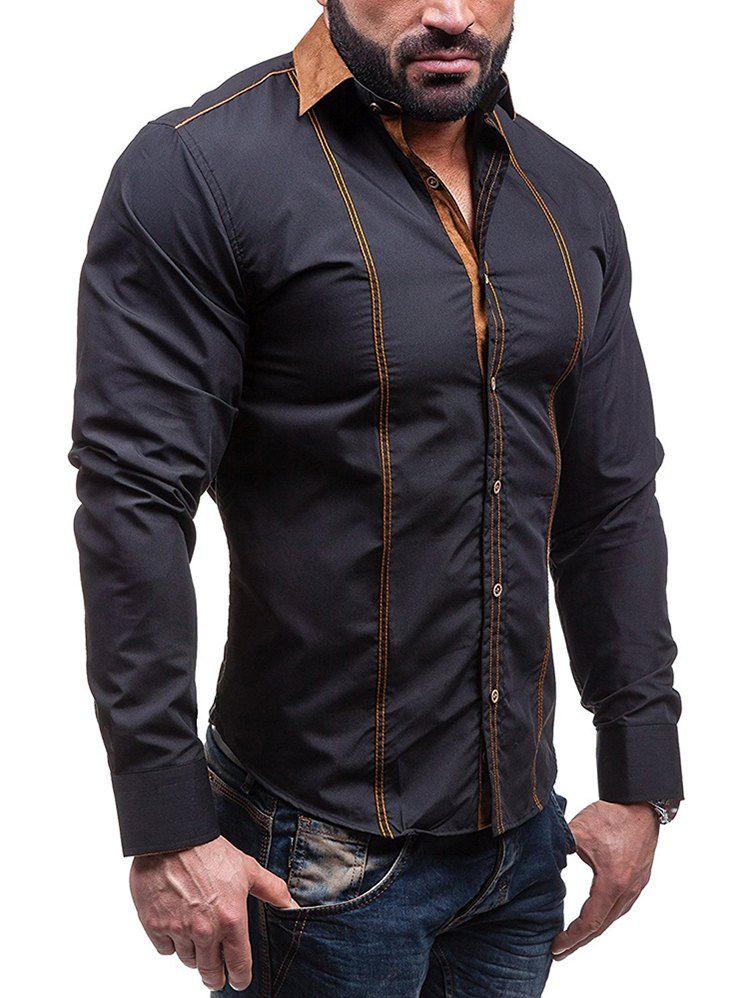 

Faux Suede Collar Button Up Long Sleeve Shirt, Black