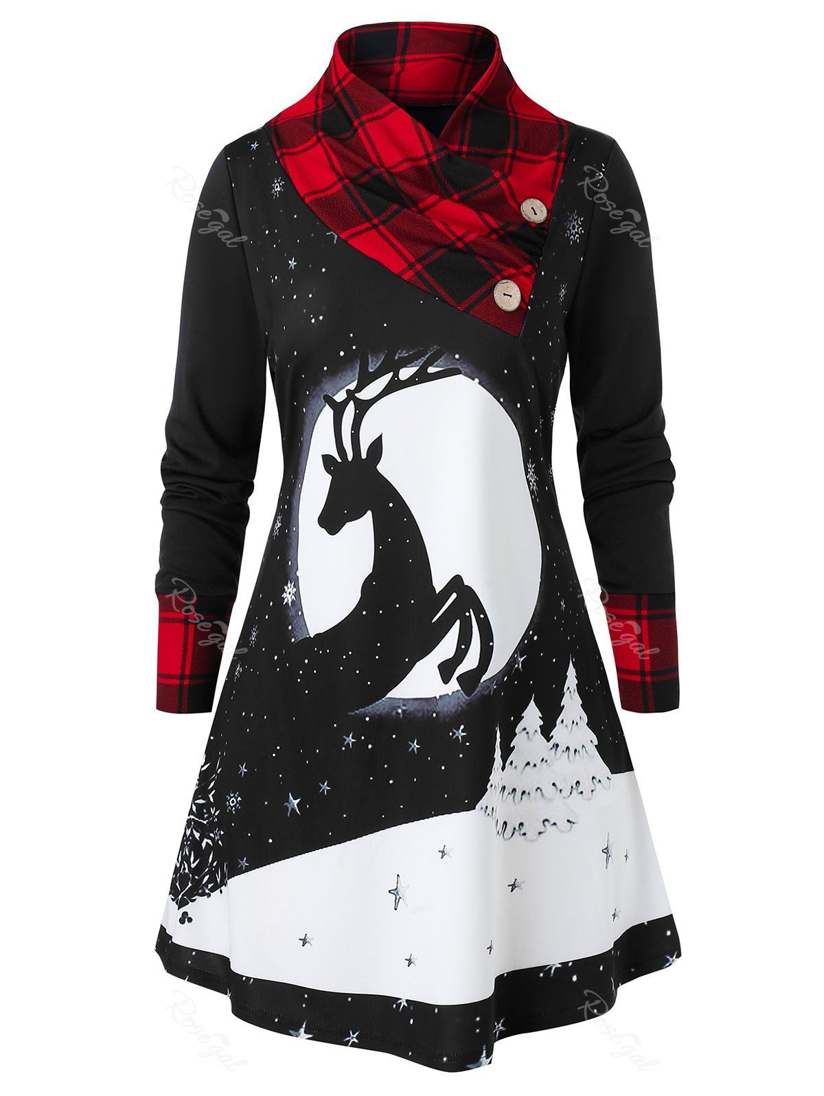Online Plus Size Christmas Snowflake Elk Print Plaid Tunic Pullover Sweatshirt  