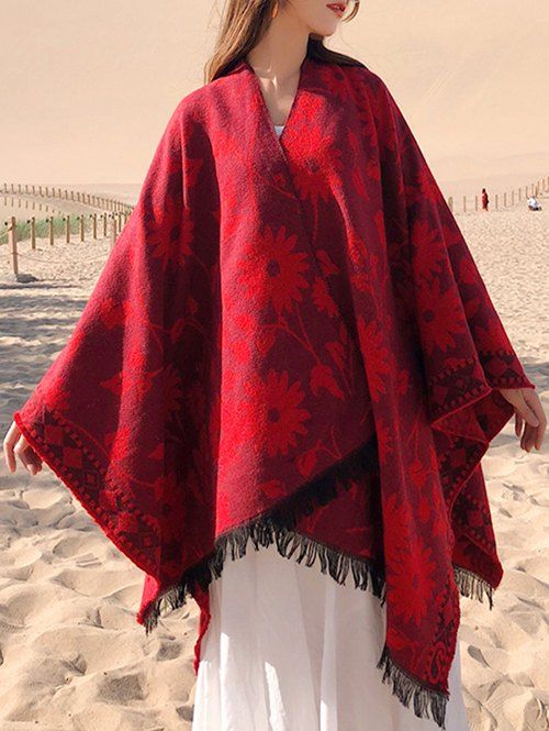 

Flower Pattern Fringed Design Shawl Scarf, Red