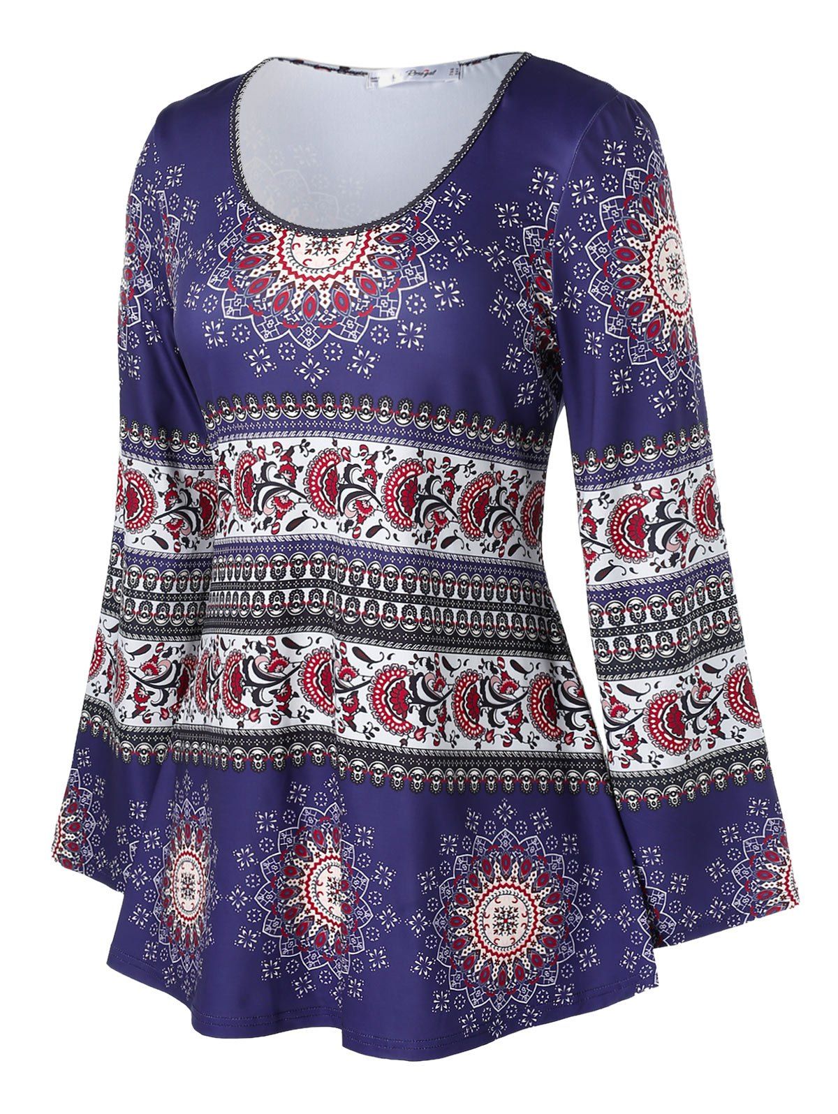 

Plus Size Ethnic Print Bell Sleeve T Shirt, Deep blue