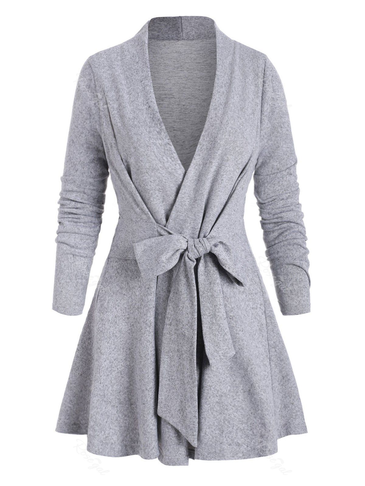 

Longline Tie Waist V Neck Plus Size Cardigan, Gray cloud
