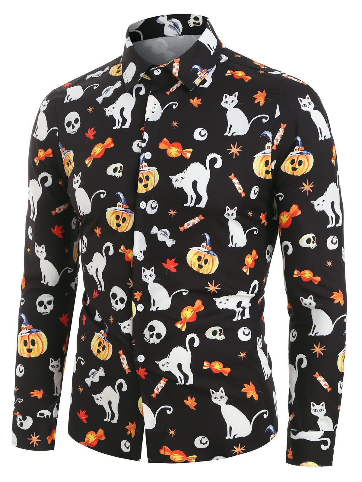 Chemise d'Halloween Boutonnée Citrouille et Chat Imprimés Noir 2XL