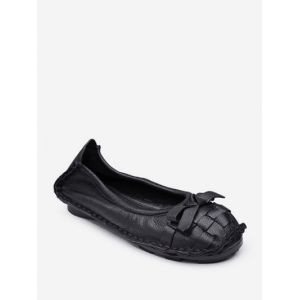 

Braid Round Toe Bowknot Slip On Flat Shoes, Black