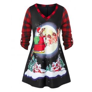 

Plus Size Christmas Roll Up Sleeve Plaid Printed T Shirt, Black