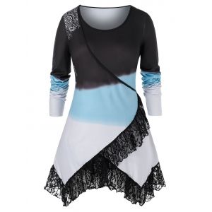 

Plus Size Colorblock Lace Panel Asymmetrical T Shirt, Multi