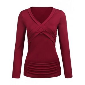 

Plus Size Crossover Ruched T Shirt, Red wine