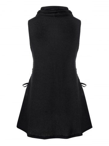 Plus Size Hooded Lace Up Solid Sweater, Black