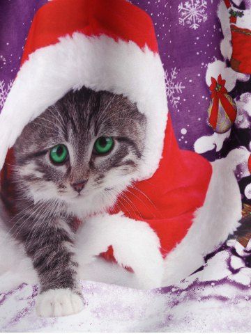 

Christmas Hat Cat Print Shirred Sleeveless Dress, Purple