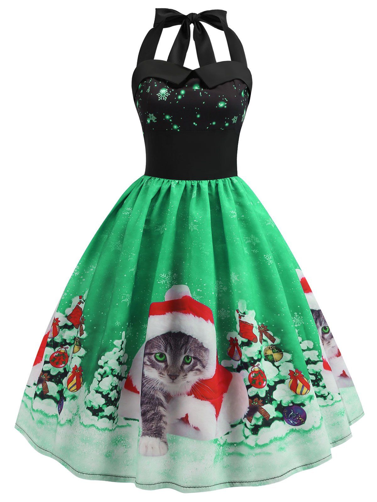 

Christmas Hat Cat Print Shirred Sleeveless Dress, Shamrock green