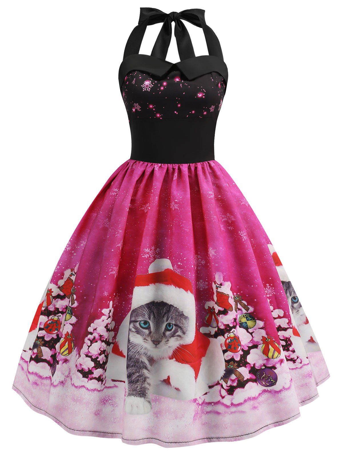 

Christmas Hat Cat Print Shirred Sleeveless Dress, Deep pink