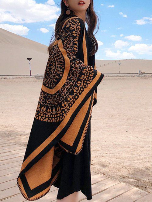 

Bohemian Round Patterned Double Faced Shawl, Bee yellow