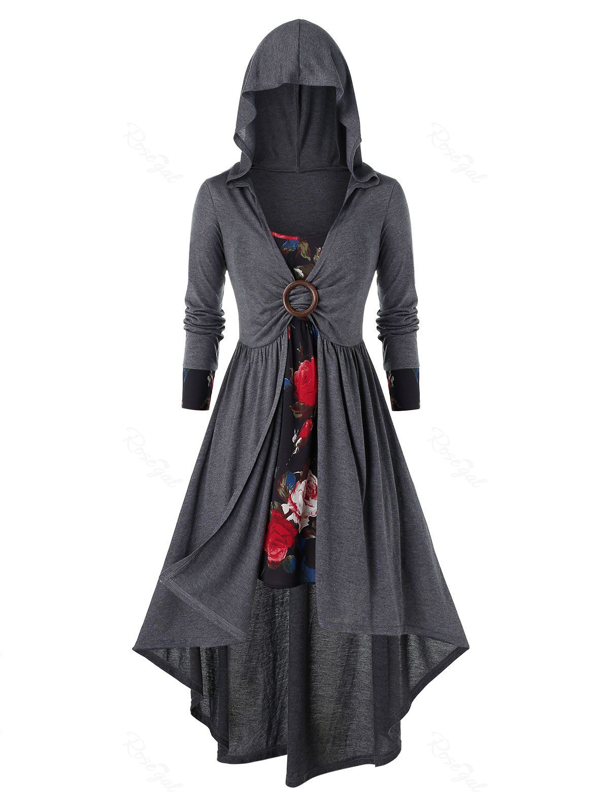 

Plus Size Flower Cami Dress and Hooded Asymmetric Coat Set, Multi