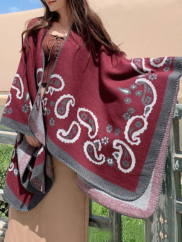 

Bohemian Paisley Flower Print Split Shawl, Red wine