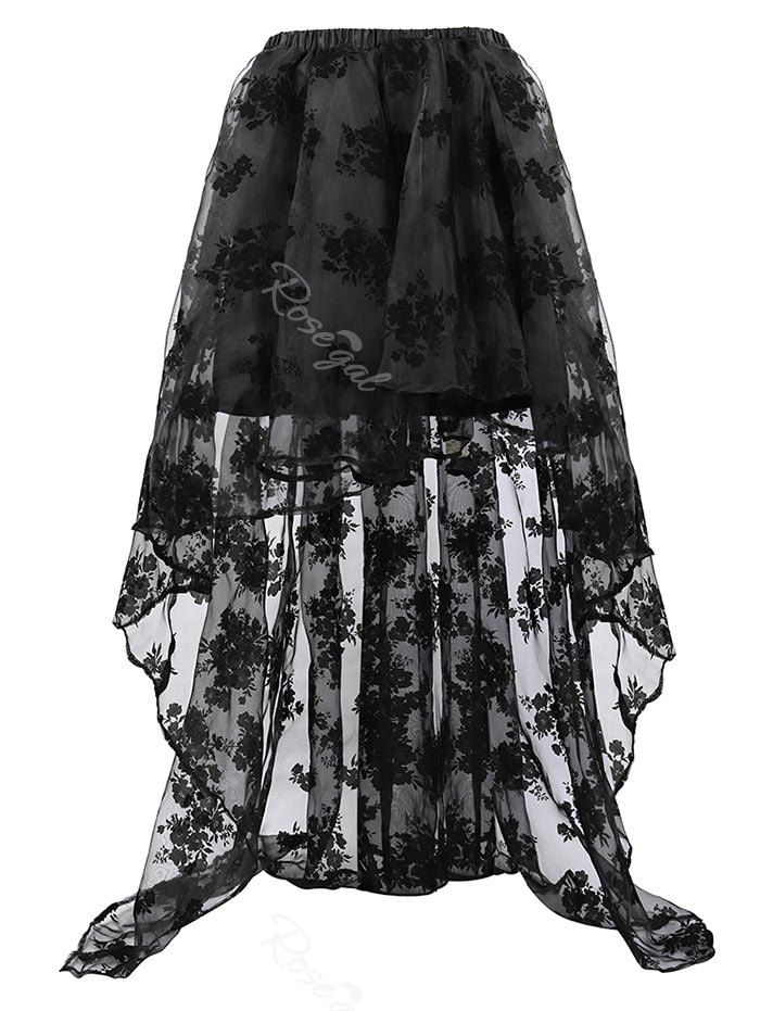 

Plus Size Flocking Floral High Low Organza Skirt, Black