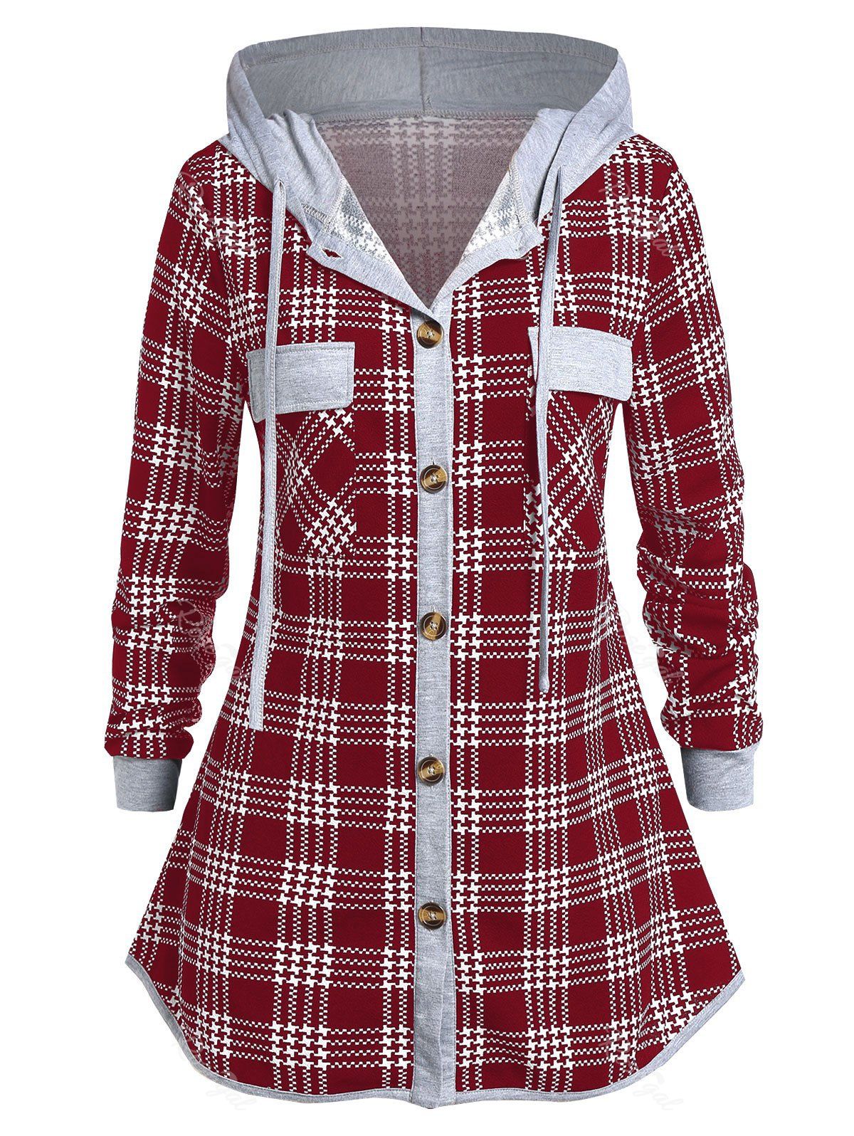 

Plus Size Tunic Hooded Plaid Shirt, Red wine
