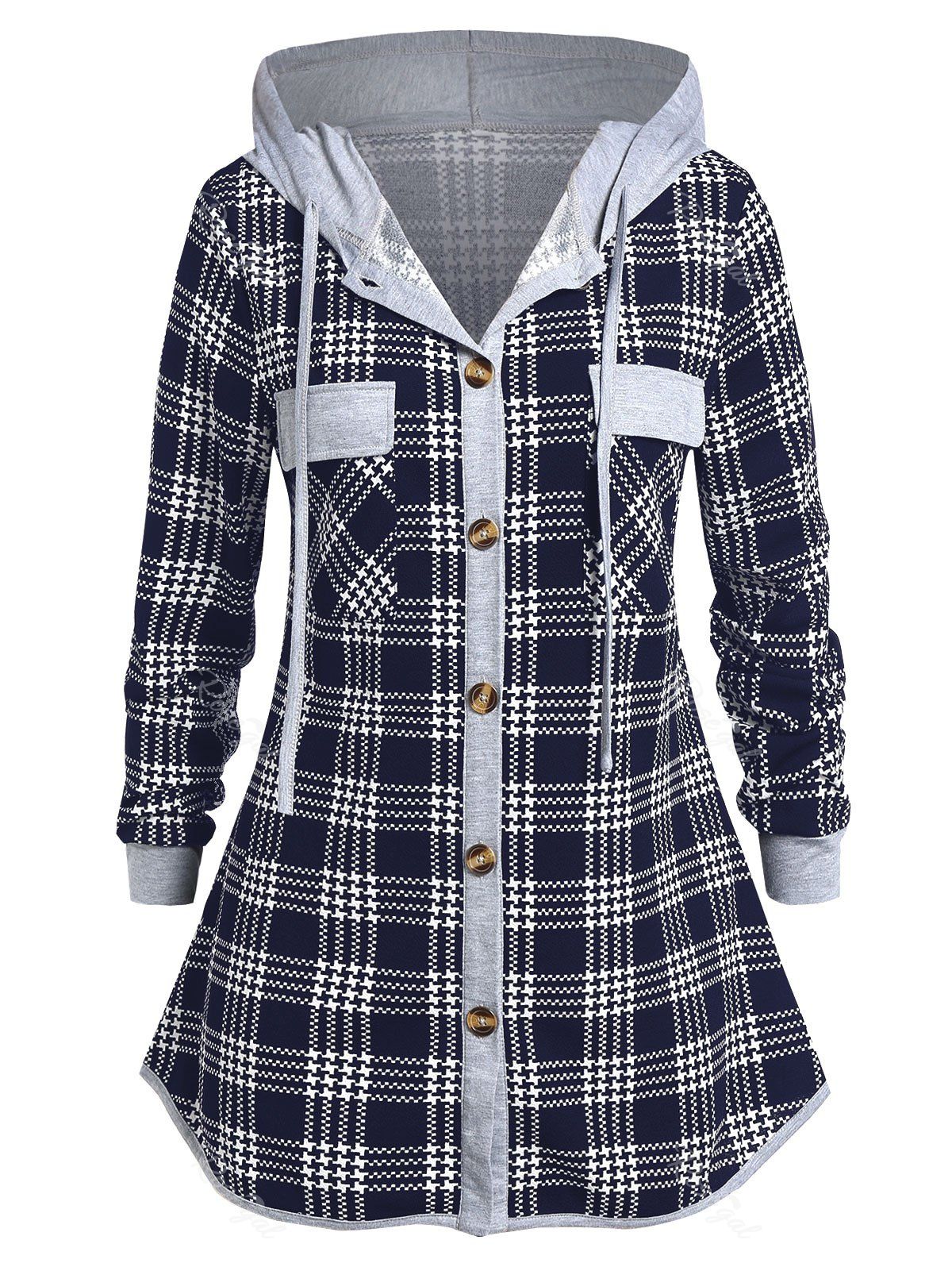 

Plus Size Tunic Hooded Plaid Shirt, Midnight blue