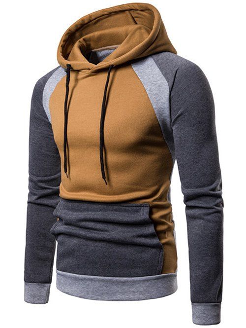 

Color Blocking Splicing Raglan Sleeve Fleece Hoodie, Camel brown